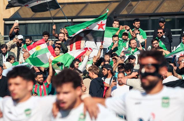 Essen, Germany, Europe SOCCA World Cup 2026, 6-on-6 small-field soccer, group stage match between Syria and Ireland; spectators, fans, choreographed fan displays, fan choreography, Copyright: xAymanxAlahmedx