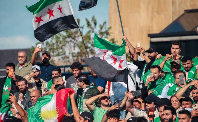 Essen, Germany, Europe SOCCA World Cup 2026, 6-on-6 small-field soccer, group stage match between Syria and Ireland; spectators, fans, choreographed fan displays, fan choreography, Copyright: xAymanxAlahmedx