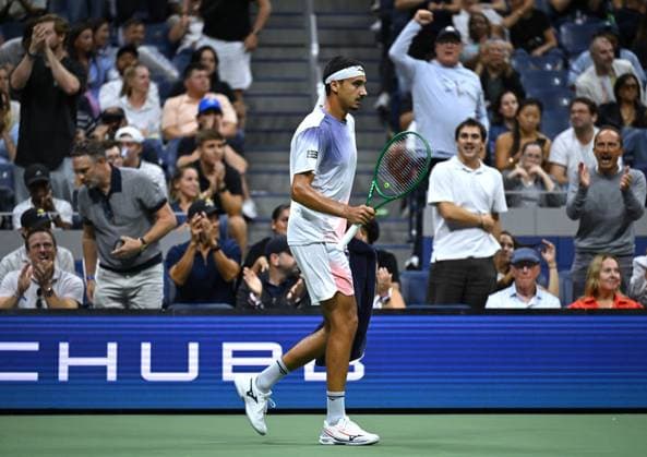 (260902) -- NEW, Sept. 2, 2026 -- Lorenzo Sonego of Italy reacts during the men s singles first round match between Alexander Zverev of Germany and Lorenzo Sonego of Italy at the 2026 US Open tennis championships in New York, the United States, Sept. 2, 2026. ) (SP)U.S.-NEW YORK-TENNIS-US OPEN-MEN S SINGLES LixRui 