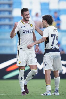 Frosinone™s Aleksa Terzic celebrates after scoring the 1-1 goal for his team during the Round of 16 of Frecciarossa Italian Cup 2026 2027 match between Sassuolo and Frosinone at Mapei Stadium CittÃ del Tricolore - Soccer - Reggio Emilia, Italy - Wednesday September 2, 2026  Copyright: xMassimoxPaolone LaPressex