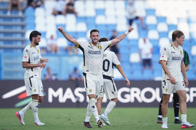 Frosinone™s Aleksa Terzic celebrates after scoring the 1-1 goal for his team during the Round of 16 of Frecciarossa Italian Cup 2026 2027 match between Sassuolo and Frosinone at Mapei Stadium CittÃ del Tricolore - Soccer - Reggio Emilia, Italy - Wednesday September 2, 2026  Copyright: xMassimoxPaolone LaPressex