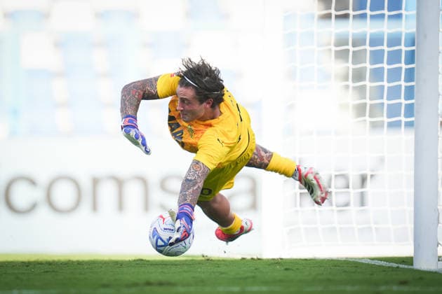 SassuoloÕs Stefano Turati saves a penalty from FrosinoneÕs Wisdom Amey during the Round of 16 of Frecciarossa Italian Cup 2026 2027 match between Sassuolo and Frosinone at Mapei Stadium Cittˆ del Tricolore - Soccer - Reggio Emilia, Italy - Wednesday September 2, 2026  Copyright: xMassimoxPaolone LaPressex