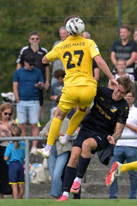 Loris Maier (SG Sonnenhof Großaspach), 27, in a header duel with Maurice Dreher (TSV Ehningen), 11; TSV Ehningen vs. SG Sonnenhof Großaspach, soccer, DB Regio wfv Cup Round of 16, 2026–2027 season, September 2, 2026, TSV Ehningen vs. SG Sonnenhof Großaspach, soccer, DB Regio wfv Cup Round of 16, 2026–2027 season, September 2, 2026, Ehningen Copyright: xEibner-Pressefotox EP_TBR