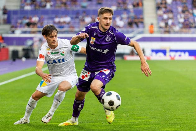 SOCCER - BL, A.Wien vs Wattens VIENNA,AUSTRIA,02.SEP.26 - SOCCER - ADMIRAL Bundesliga, FK Austria Wien vs WSG Tirol. Image shows Moritz Oswald (Wattens) and Reinhold Ranftl (A.Wien).  GEPAxpictures xPhilippxBrem
