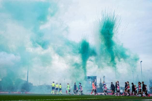 ROTTERDAM , 02-09-2026 , Sportcomplex Varkenoord , season 2026 2027 , UEFA Womens Europa Cup first round qualification football , match between Feyenoord and RSC Anderlecht (women) , picture shows field entrance of both teams with fireworks Feyenoord - RSC Anderlecht (women)  x206346813x Copyright: