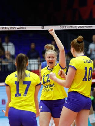September 2, 2026: Anna Haak, Hilda Gustafsson, and Isabelle Haak of Sweden celebrate during the CEV EuroVolley 2026 quarterfinal between Italy and Sweden on September 2, 2026 in Brno. Photo by Pavel Lebeda, BILDBYRAN COP 18 XY0127 volleyball CEV EuroVolley 2026 women s volleyball European Championship quarterfinal quarterfinals Italy Sweden women s volleyball celebration  Copyright: PavelxLebeda BB260902BB357
