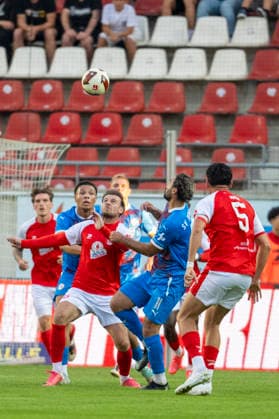 Regionalliga Nordost, Season 26–27: Hallescher FC vs. SV Tasmania Berlin, Halle, Germany, September 2, 2026. Pictured from left: Max Kulke (Halle), Danil Wostrikow (Tasm Berlin), Abdulkadir Beyazit (Tasm Berlin), and Burim Halili (Halle). Halle-Saale, Leuna Chemie Stadium, Saxony-Anhalt, Germany