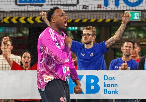 September 2, 2026 Handball 1st Bundesliga OPEL HBL 2026–2027 Season, Matchday 2: HC Erlangen (Nuremberg Metropolitan Region), HCE vs. TSV Hannover Burgdorf, Die Recken, DaMa, xdaxmax, Rubens, Pierre 93, HC Erlangen HCE celebrates, cheering, clenching fists, fists in the air, happy, joy