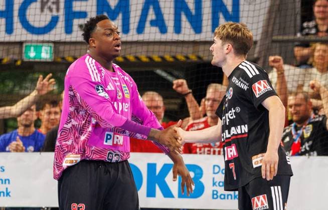 September 2, 2026 Handball 1st Bundesliga OPEL HBL 2026–2027 Season, Matchday 2: HC Erlangen (Nuremberg Metropolitan Region) HCE vs. TSV Hannover Burgdorf, Die Recken Women’s Team, xdaxmax, Rubens Pierre 93, HC Erlangen HCE high-fives Yannik Bialowa (7), HC Erlangen HCE celebrates with joy