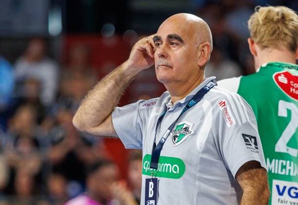 September 2, 2026 Handball 1st Bundesliga OPEL HBL 2026–2027 Season, Matchday 2: HC Erlangen (Nuremberg Metropolitan Region) vs. HCE TSV Hannover Burgdorf; Die Recken Women s Team; xdaxmax; Juan Carlos Pastor Gomez, coach of TSV Hannover Burgdorf, looked pensive and disappointedDisappointment