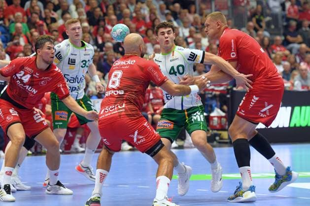 Elias Newel, Frisch Auf Göppingen, 40 (on the ball); Adrian Sipos, MT Melsungen, 8; Dainis Kristopans, MT Melsungen, 10 (R); Daniel Dujshebaev, MT Melsungen, 24; GER, MT Melsungen vs. Frisch Auf Goeppingen, Handball, 1st Bundesliga, Matchday 2, 2026–2027 Season, September 2, 2026, GER, MT Melsungen vs. Frisch Auf Göppingen, Handball, 1st Bundesliga, Matchday 2, 2026–2027 season, September 2, 2026, Kassel Copyright: xEibner-Pressefotox xRolandxSippelx EP_RSL