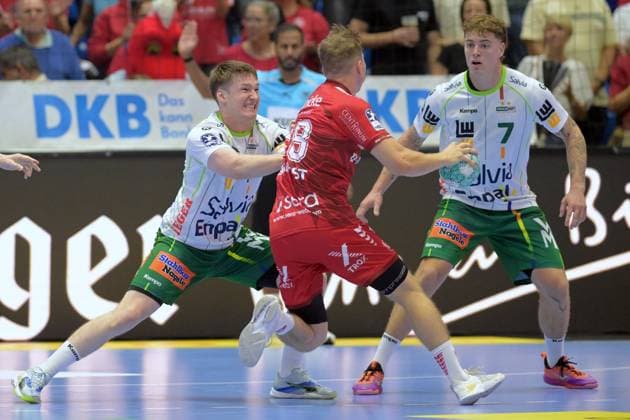 Luca Sigrist, MT Melsungen 28 (on the ball), Oskar Neudeck, Frisch Auf Goeppingen 2 L, Victor Kloeve, Frisch Auf Goeppingen 7, GER, MT Melsungen vs. Frisch Auf Göppingen, Handball, Bundesliga 1, Matchday 2, 2026–2027 Season, September 2, 2026, GER, MT Melsungen vs. Frisch Auf Goeppingen, Handball, 1st Bundesliga, Matchday 2, 2026–2027 Season, September 2, 2026, Kassel Copyright: xEibner-Pressefotox xRolandxSippelx EP_RSL
