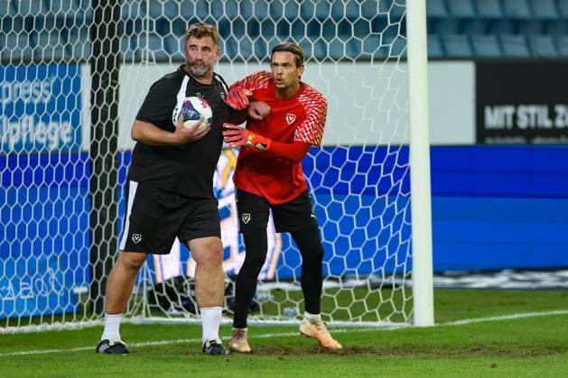 September 2, 2026, Soccer, Brack Super League 2026–27, Matchday 6, FC Lucerne vs. FC Vaduz, Thermoplan Arena, Lucerne, Switzerland: Sebastian Selke, goalkeeper coach for FC Vaduz (left), and Leon Schaffran, 25, of FC Vaduz. Photo by Urs Ottiger