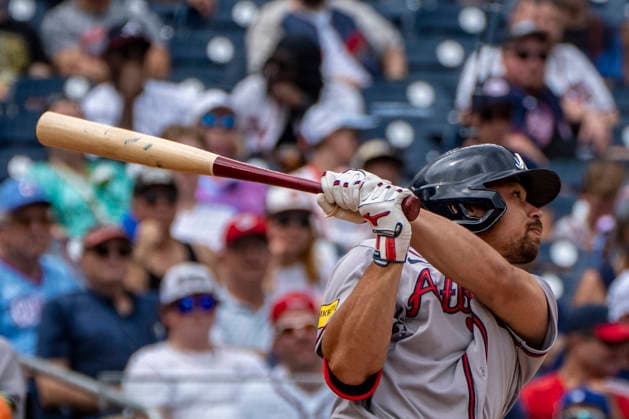 Atlanta Braves designated hitter Drake Baldwin (30) flies out to left field and is out in the bottom of the top of the third inning during a game against the Washington Nationals at Nationals Park in Washington, DC on Wednesday, September 2, 2026.  WAP20260902414 BONNIExCASH