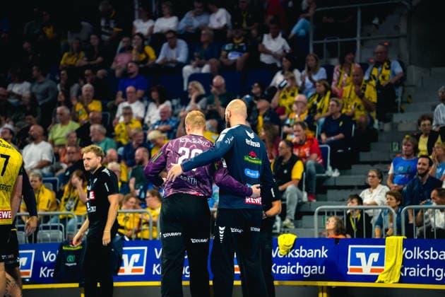 September 2, 2026, xwppx, Opel HBL Handball, Rhein-Neckar Löwen vs. VfL Gummersbach; from left: David Späth (Rhein-Neckar Löwen), Mike Jensen (Rhein-Neckar Löwen Mannheim)