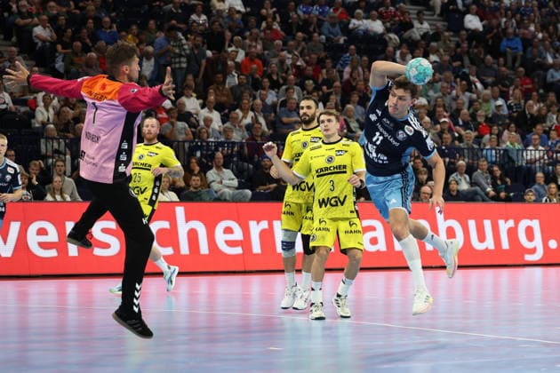 Handball I Men I 2026–2027 Season I Bundesliga I Matchday 2 I Handball Club Hamburg vs. TVB Stuttgart I September 2, 2026 Mateusz Kornecki 1, TVB Stuttgart Nicolaj Jorgensen 11, Handball Club Hamburg, Hamburg Barclaycard Arena, Hamburg, Germany Copyright: xLobeca RalfxHomburgx
