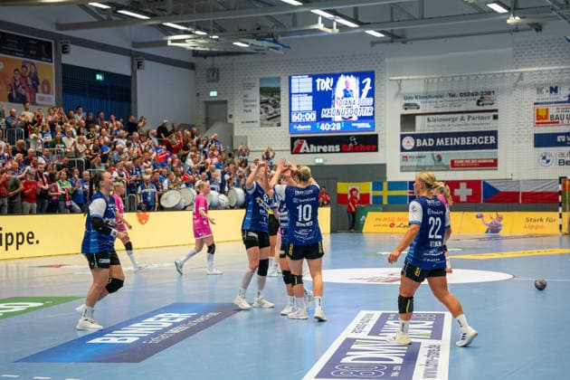 HSG Blomberg Lippe GER vs. TuS Metzingen GER, Handball, Women s Handball Bundesliga 1, Matchday 2, 2026–2027 Season, Blomberg, September 2, 2026: The players of HSG Blomberg Lippe GER celebrate their victory over TuS Metzingen GER at the Blomberg Synflex Arena on Ulmenallee, Germany