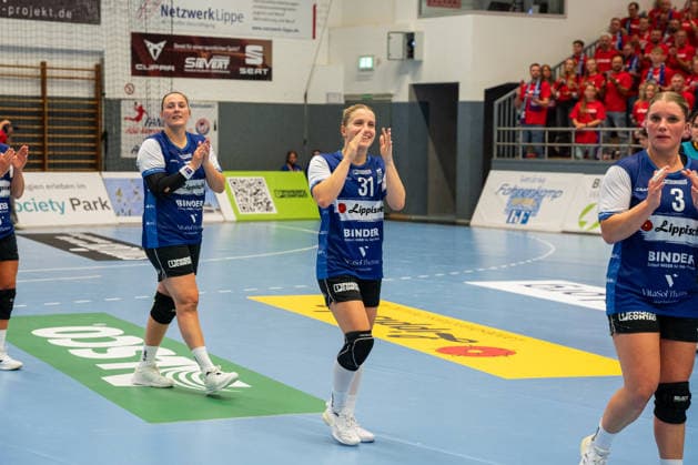 HSG Blomberg Lippe GER vs. TuS Metzingen GER, Handball, Women s Handball Bundesliga 1, Matchday 2, 2026–2027 Season, Blomberg, September 2, 2026—Alexia Hauf of HSG Blomberg Lippe, 31, celebrates her victory against TuS Metzingen (GER) at the Blomberg Synflex Arena on Ulmenallee, Germany