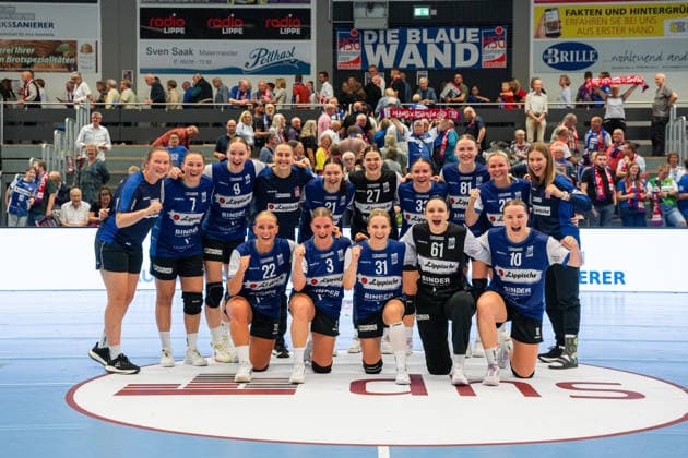 HSG Blomberg Lippe GER vs. TuS Metzingen GER, Handball, Women s Handball Bundesliga 1, Matchday 2, 2026–2027 Season, Blomberg, September 2, 2026: The players of HSG Blomberg Lippe GER celebrate their victory over TuS Metzingen GER at the Blomberg Synflex Arena on Ulmenallee in Germany