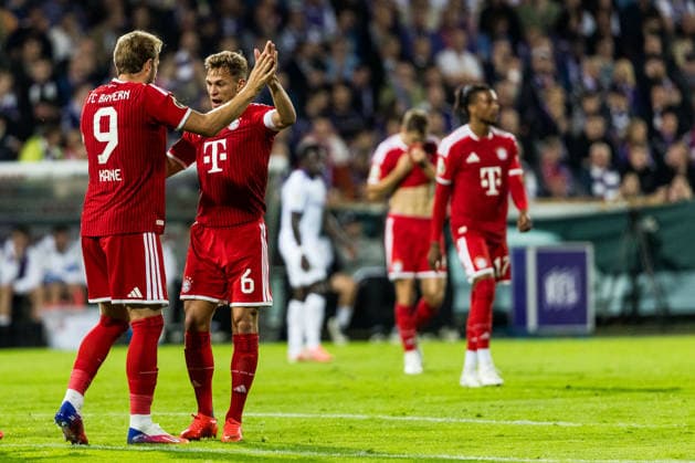 OSNABRUECK, GERMANY - SEPTEMBER 02: Harry Kane (FC Bayern Muenchen, 9) celebrates scoring the 1:1 goal with Joshua Kimmich (FC Bayern Muenchen, 6) during the DFB Pokal match between VfL Osnabrueck vs. FC Bayern Muenchen at Bremer Bruecke on matchday 1 of the DFB Pokal on September 02, 2026 in Osnabrueck, Germany. DFB REGULATIONS PROHIBIT ANY USE OF PHOTOGRAPHS AS IMAGE SEQUENCES AND OR QUASI-VIDEO. Lower Saxony Germany Copyright: xSteffiexWunderlx