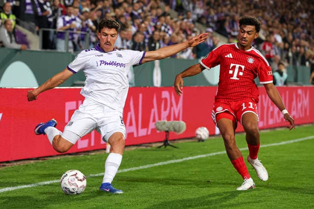 Leonhard Muenst of VfL Osnabrück and Nathaniel Brown of FC Bayern Munich battle for the ball during the DFB Cup match between VfL Osnabrück and FC Bayern Munich at Bremer Brücke on September 2, 2026, in Osnabrück, Germany Photo by Oliver Kaelke, DeFodi Images Leonhard Muenst of VfL Osnabrück and Nathaniel Brown of FC Bayern Munich battle for the ball during the DFB Cup match between VfL Osnabrück and FC Bayern Munich at Bremer Brücke on September 2, 2026 in Osnabrück, Germany. Photo by Oliver Kaelke, DeFodi Images. Photo by Oliver Kaelke, DeFodi Images.