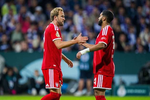September 2, 2026 Soccer, 2026–2027, DFB Cup, 1st Round, VfL Osnabrück vs. FC Bayern Munich; L: Harry Kane; Munich celebrates after his goal to tie the game 1–1 with Ismael Saibari; Munich. DFB REGULATIONS PROHIBIT ANY USE OF PHOTOGRAPHS AS IMAGE SEQUENCES AND OR QUASI-VIDEO
