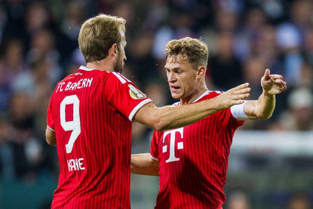 September 2, 2026 Soccer, 2026–2027, DFB Cup, 1st Round, VfL Osnabrück vs. FC Bayern Munich; L: Harry Kane; Munich celebrates after his goal to tie the game at 1–1 with Joshua Kimmich; Munich. DFB regulations prohibit any use of photographs as image sequences and or quasi-video.