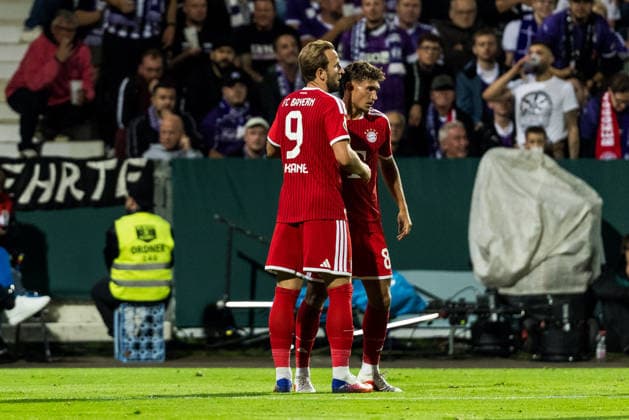 OSNABRUECK, GERMANY - SEPTEMBER 02: Tom Bischof (FC Bayern Muenchen, 8) celebrates scoring the 1:2 goal with Harry Kane (FC Bayern Muenchen, 9) during the DFB Pokal match between VfL Osnabrueck vs. FC Bayern Muenchen at Bremer Bruecke on matchday 1 of the DFB Pokal on September 02, 2026 in Osnabrueck, Germany. DFB REGULATIONS PROHIBIT ANY USE OF PHOTOGRAPHS AS IMAGE SEQUENCES AND OR QUASI-VIDEO. Lower Saxony Germany Copyright: xSteffiexWunderlx