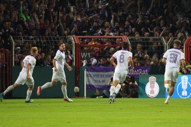 September 2, 2026, xrekx, Soccer, DFB Cup, First Round, VfL Osnabrück vs. FC Bayern Munich, Goal celebration after Robin Meißner s goal (1–0) for VfL Osnabrück, Osnabrück, Osnabrück