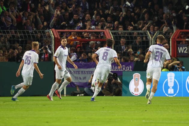 September 2, 2026, xrekx, Soccer, DFB Cup, First Round, VfL Osnabrück vs. FC Bayern Munich, Goal celebration after Robin Meißner s goal (1–0) for VfL Osnabrück, Osnabrück, Osnabrück