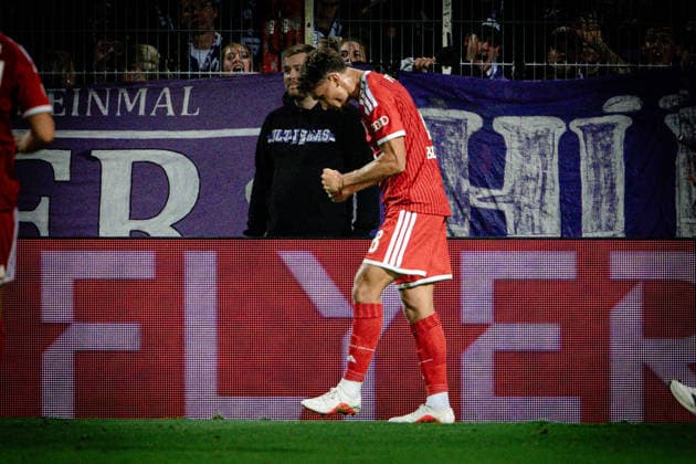 Goal celebration for the 1-2 goal by Tom Bischof, 8th minute: FC Bayern Munich vs. VfL Osnabrück, DFB Cup, Round 1, September 2, 2026. DFB regulations prohibit any use of photographs as image sequences and or quasi-video. Osnabrück, Lower Saxony, Germany Copyright: xkolbert-press MarcxNiemeyerx
