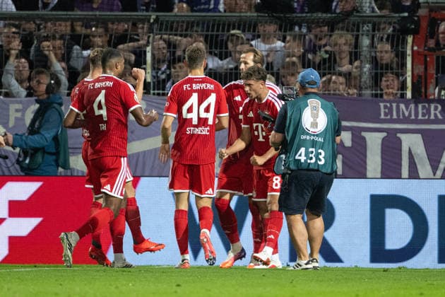 Goal celebration for the 1-2 goal by Tom Bischof, 8th minute: FC Bayern Munich vs. VfL Osnabrück, DFB Cup, Round 1, September 2, 2026. DFB regulations prohibit any use of photographs as image sequences and or quasi-video. Osnabrück, Lower Saxony, Germany Copyright: xkolbert-press MarcxNiemeyerx