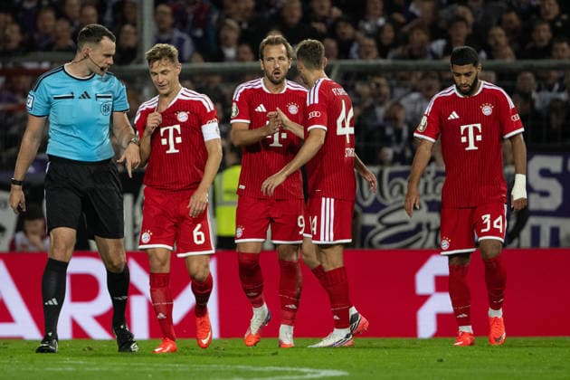 Goal celebration for the 1-1 equalizer by Harry Kane, No. 9, FC Bayern Munich; VfL Osnabrück vs. FC Bayern Munich, DFB Cup, First Round, September 2, 2026. DFB regulations prohibit any use of photographs as image sequences and or quasi-video. Osnabrück, Lower Saxony, Germany Copyright: xkolbert-press MarcxNiemeyerx