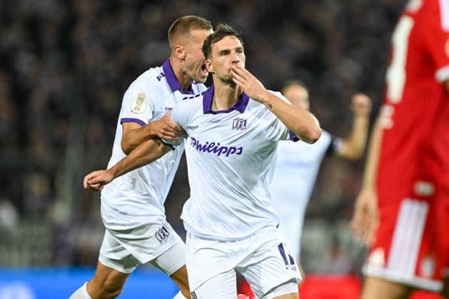 DFB Cup 26-27: VfL Osnabrück vs. FC Bayern Munich on September 2, 2026, at the Bremer Brücke in Osnabrück—cheers, goal celebrations, Goal scorers, Robin Meißner (Osnabrück) celebrates after scoring the 1–0 goal MT