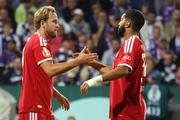 September 2, 2026, xrekx, Soccer DFB Cup 1st Round, VfL Osnabrück vs. FC Bayern Munich – Goal celebration after Harry Kane’s goal to make it 1–1, featuring Ismael Saibari of FC Bayern Munich; FC Bayern Munich vs. Osnabrück