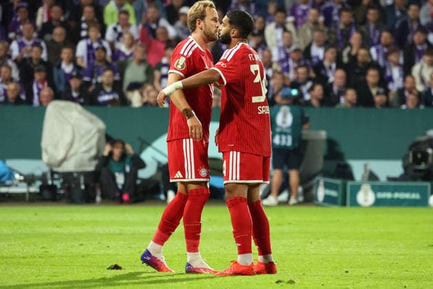 September 2, 2026, xrekx, Soccer DFB Cup 1st Round, VfL Osnabrück vs. FC Bayern Munich – Goal celebration after Harry Kane’s goal to make it 1–1, featuring Ismael Saibari of FC Bayern Munich; FC Bayern Munich vs. Osnabrück