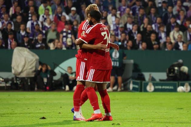 September 2, 2026, xrekx, Soccer DFB Cup 1st Round, VfL Osnabrück vs. FC Bayern Munich – Goal celebration after Harry Kane’s goal to make it 1–1, featuring Ismael Saibari of FC Bayern Munich; FC Bayern Munich vs. Osnabrück