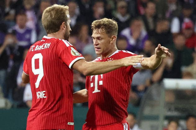 September 2, 2026, xrekx, Soccer, DFB Cup First Round, VfL Osnabrück vs. FC Bayern Munich, Goal celebration after Harry Kane scores the 1-1 goal for FC Bayern Munich, featuring Joshua Kimmich, FC Bayern Munich vs. Osnabrück