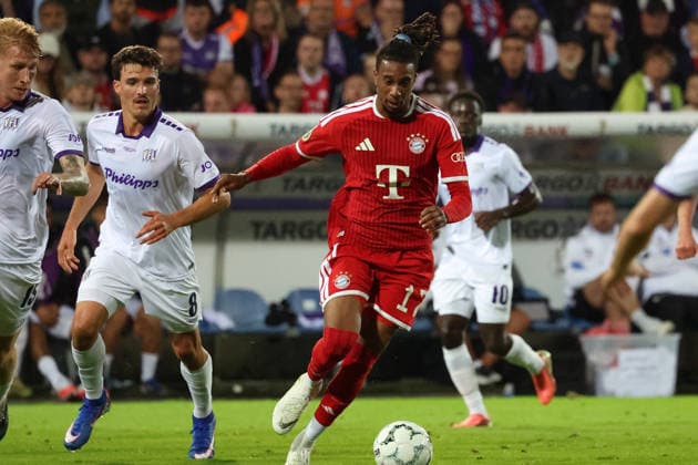 September 2, 2026, xrekx, Soccer DFB Cup 1st Round, VfL Osnabrück vs. FC Bayern Munich, Leonhard Münst, VfL Osnabrück, Osnabrück, Michael Olise, FC Bayern Munich, tackle, action, battle for the ball, Osnabrück