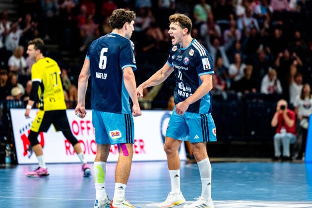 September 2, 2026, xdobgx, Opel HBL Handball, Handball Club Hamburg vs. TVB Stuttgart – Elias Kofler, Handball Club Hamburg, 6, Nicolaj Jorgensen, Hamburg Handball Club, 11, celebration, goal celebration, celebrating the goal, Hamburg celebration