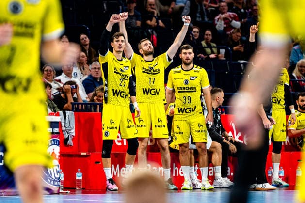 September 2, 2026, xdobgx, Opel HBL Handball, Handball Club Hamburg vs. TVB Stuttgart: Philipp Meyer (TVB Stuttgart), 27; Samuel Röthlisberger (TVB Stuttgart), 17; Malte Donker (TVB Stuttgart), 39; Jubilation, celebration in Hamburg