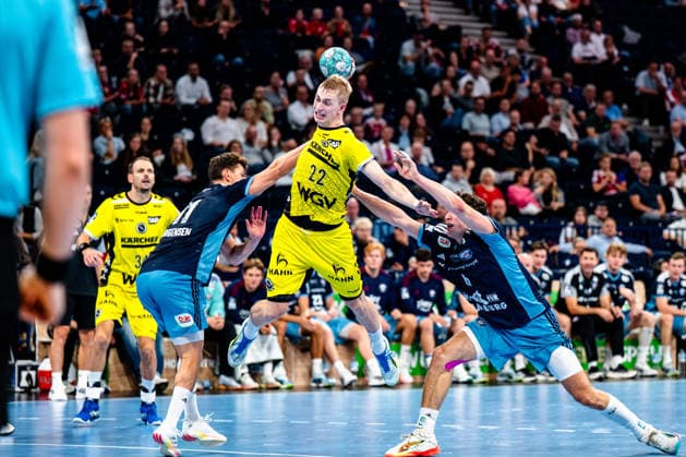 September 2, 2026, xdobgx, Opel HBL Handball, Handball Club Hamburg vs. TVB Stuttgart, Nicolaj Jorgensen (Handball Club Hamburg), 11, Torben Matzken (TVB Stuttgart), 22 taking a shot, in action, throwing, Elias Kofler, Hamburg Handball Club, 6, tackle, duel, battle, Hamburg