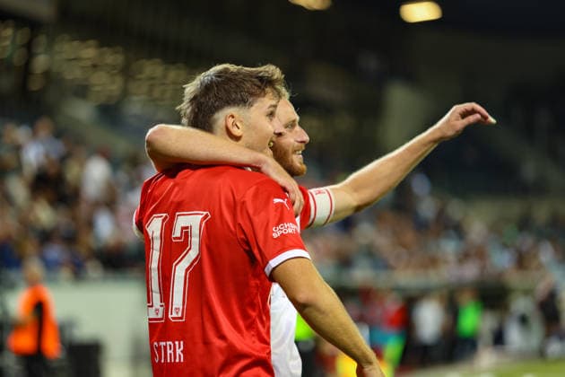 September 2, 2026, Soccer, Brack Super League 2026–27, Matchday 6, FC Lucerne vs. FC Vaduz, Thermoplan Arena, Lucerne, Switzerland Julian Stark, 17, FC Vaduz (left), scores the 0–1 goal for FC Vaduz Photo: Urs Ottiger