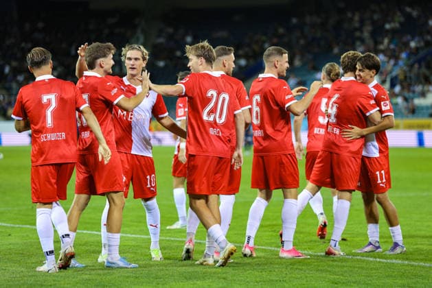 September 2, 2026, Soccer, Brack Super League 2026–27, Matchday 6, FC Luzern vs. FC Vaduz, Thermoplan Arena, Luzern, Switzerland Celebration for FC Vaduz after Julian Stark’s goal in the 17th minute, FC Vaduz. Photo by Urs Ottiger