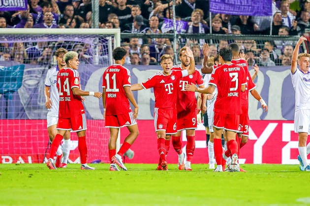 September 2, 2026, xkwix, Soccer, DFB Cup, VfL Osnabrück vs. FC Bayern Munich, Stadion an der Bremer Brücke, Round 1, 2026–2027 season. Celebration following the 1–1 goal by Harry Kane. FC Bayern Munich 9. DFB regulations prohibit any use of photographs as image sequences and or quasi-video. Photo: xKamilxWilkowskixPressefotoKochx, Lower Saxony, Germany