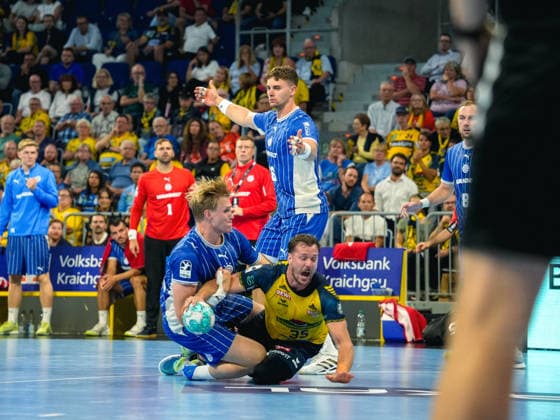 September 2, 2026, xwppx, Opel HBL Handball, Rhein-Neckar Löwen vs. VfL Gummersbach; from left: Kristjan Horžen (VfL Gummersbach), Kentin Mahà (Rhein-Neckar Löwen Mannheim)