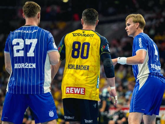 September 2, 2026, xwppx, Opel HBL Handball, Rhein-Neckar Löwen vs. VfL Gummersbach; from left: Kristjan Horžen (VfL Gummersbach), Kentin Mahá (Rhein-Neckar Löwen), Elliði Snaer Viðarsson (VfL Gummersbach), Mannheim
