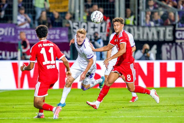 September 2, 2026, xkwix, Soccer, DFB Cup, VfL Osnabrück vs. FC Bayern Munich, Stadion an der Bremer Brücke, 1st Round, 2026–2027 Season: Fridolin Wagner of VfL Osnabrück (26) in a duel with Tom Bischof of FC Bayern Munich (8). DFB regulations prohibit any use of photographs as image sequences and or quasi-video. Photo: xKamilxWilkowskixPressefotoKochx, Lower Saxony Germany