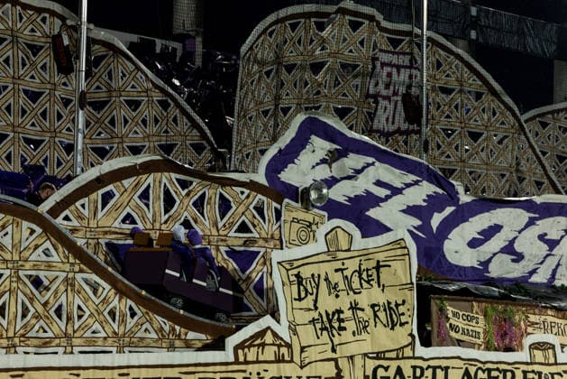 OSNABRUECK, GERMANY - SEPTEMBER 02: Detail of tifo by VfL Osnabrueck fans - roller coaster - during the DFB Pokal match between VfL Osnabrueck vs. FC Bayern Muenchen at Bremer Bruecke on matchday 1 of the DFB Pokal on September 02, 2026 in Osnabrueck, Germany. DFB REGULATIONS PROHIBIT ANY USE OF PHOTOGRAPHS AS IMAGE SEQUENCES AND OR QUASI-VIDEO. Lower Saxony Germany Copyright: xSteffiexWunderlx