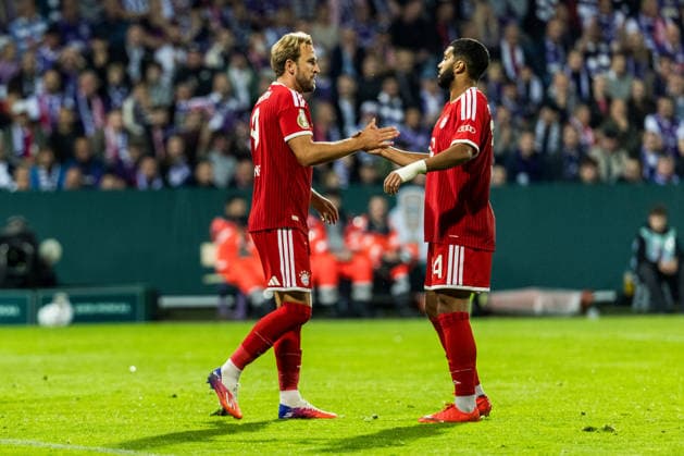 OSNABRUECK, GERMANY - SEPTEMBER 02: Harry Kane (FC Bayern Muenchen, 9) celebrates the 1:1 goal with Ismael Saibari (FC Bayern Muenchen, 34) during the DFB Pokal match between VfL Osnabrueck vs. FC Bayern Muenchen at Bremer Bruecke on matchday 1 of the DFB Pokal on September 02, 2026 in Osnabrueck, Germany. DFB REGULATIONS PROHIBIT ANY USE OF PHOTOGRAPHS AS IMAGE SEQUENCES AND OR QUASI-VIDEO. Lower Saxony Germany Copyright: xSteffiexWunderlx